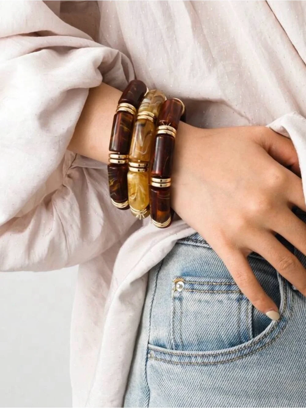 3pcs Ladycoco vintage deformed Brown/Amber Resin Beaded Bracelet